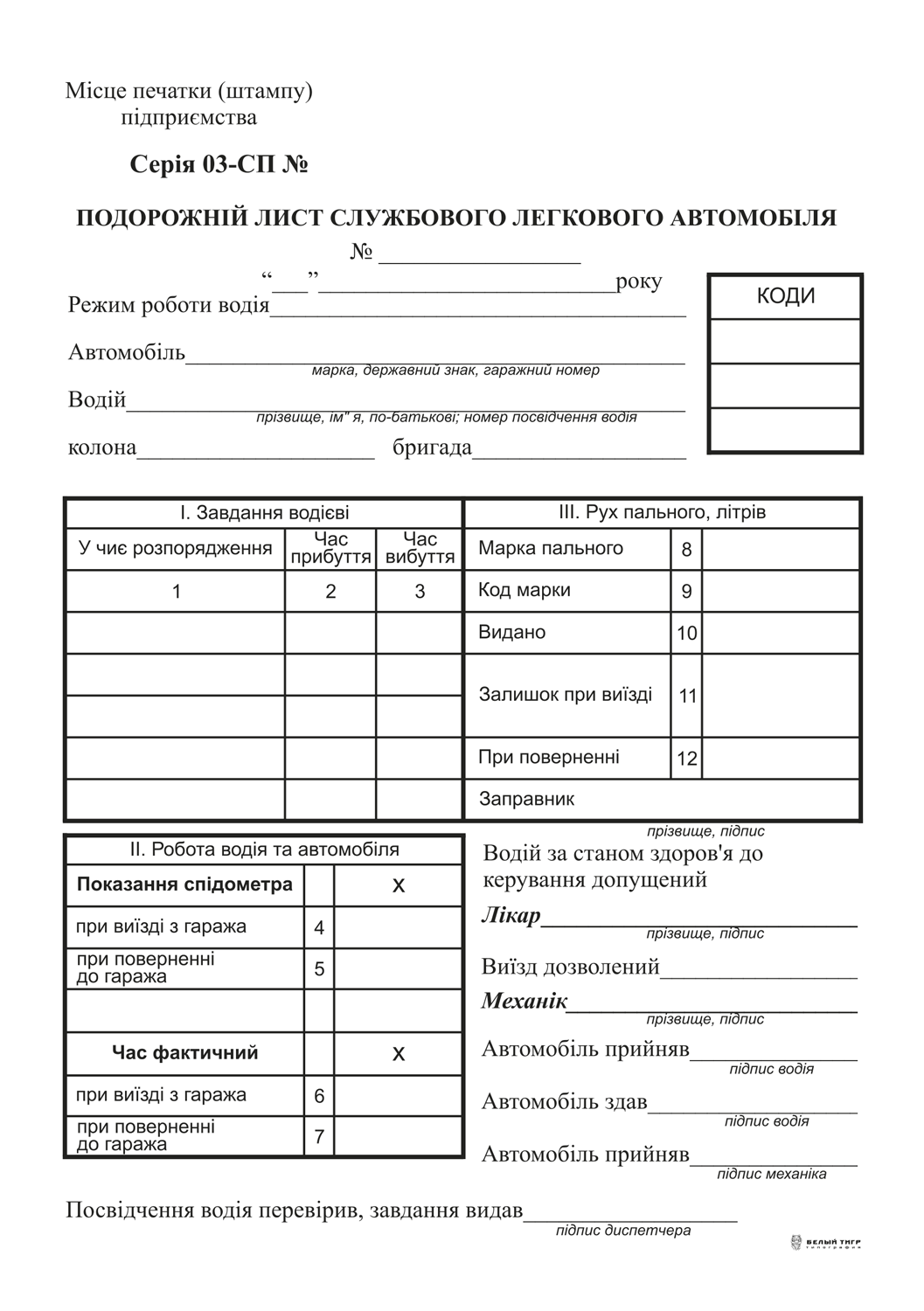 Подорожній лист службового легкового автомобіля, ф.№3, офс, 100 арк.