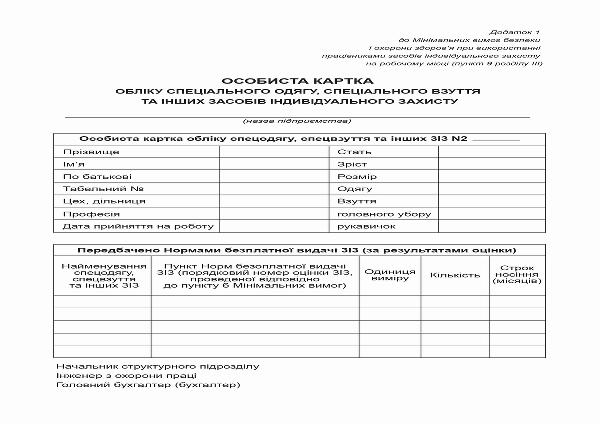 Особиста картка обліку спецодягу, спецвзуття та засобів індивідуального захисту (ЗІЗ), А5, картон