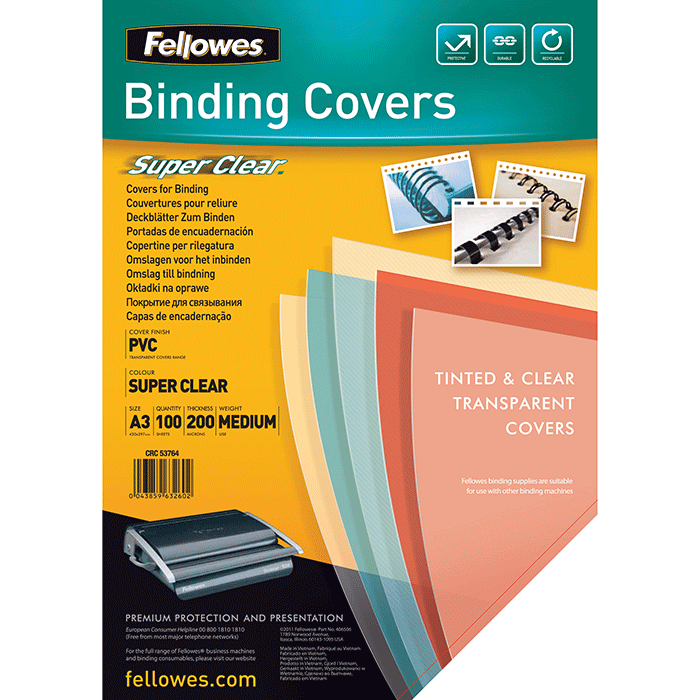 Обкладинка для палітурки Fellowes, А3, пластик 200 мкм, прозора